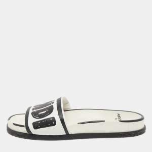 Pre Owned Fendi White/Black Logo Print Leather Flat Slides Size 39