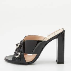 Fendi Black Patent Leather Flowerland Criss Cross Slide Sandals Size 37