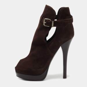 Pre Owned Fendi Brown Suede Peep Toe Platform Ankle Boots Size 36