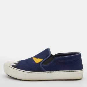 Pre Owned Fendi Navy Blue Calf Hair and Leather Monster Slip On Sneakers Size 38.5