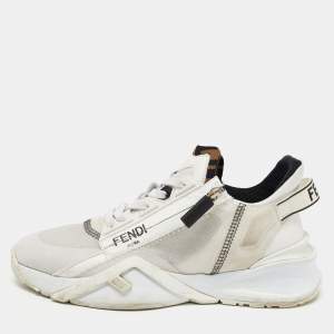 Pre Owned Fendi White/Grey Leather and Mesh Flow Low Top Sneakers Size 39.5