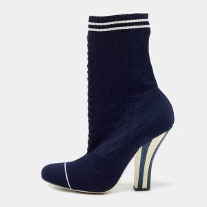 Fendi Navy Blue Knit Fabric Rockoko Mid Calf Boots Size 40