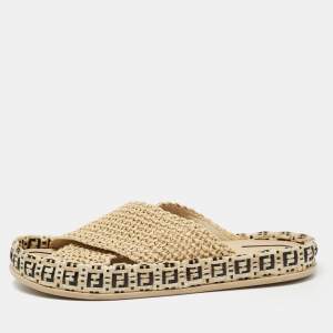 Fendi Beige Crisscross Raffia Zucca Espadrille Flat Slides Size 39