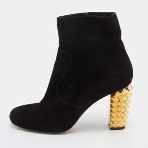 Pre Owned Fendi Black Suede Studded Heel Ankle Length Boots Size 38