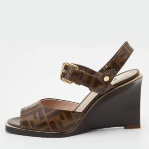 Fendi Brown Zucca Coated Canvas Motif Logo Wedge Ankle Strap Sandals Size 36