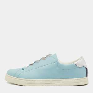 Pre Owned Fendi  Blue Leather Scalloped Logo Rockoko Slip On Sneakers Size 40