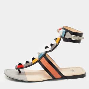 Fendi Multicolor Leather Studded Ankle Cuff Sandals Size 38