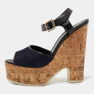 Fendi Navy Blue/Black Denim and Lizard Embossed Leather Cork Wedge Platform Sandals Size 36