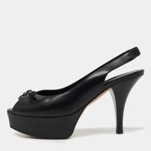 Pre Owned Fendi Black Leather Fendista Peep Toe Platform Slingback Pumps Size 35.5