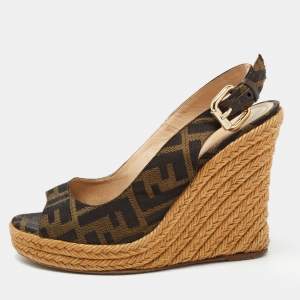 Fendi Brown Zucca Canvas Open Toe Espadrille Wedge Slingback Sandals Size 35