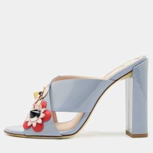 Fendi Light Blue Patent Leather Flowerland Slide Sandals Size 37