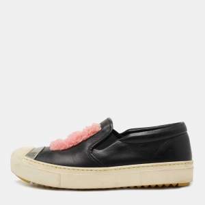 Fendi Black Leather and Shearling Fur FF Fflynn Sneakers Size 39