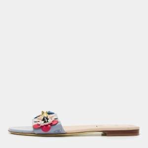 Pre Owned Fendi Blue Patent Leather Flowerland Flat Slides Size 38.5