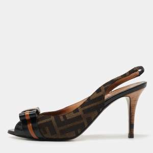 Pre Owned Fendi Brown/Black Zucca Canvas and Leather Bow Peep Toe Slingback Pumps Size 38