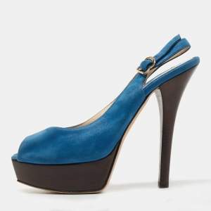 Fendi Blue Glitter Nubuck Leather Fendista Peep Toe Slingback Pumps Size 40