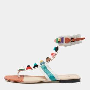 Fendi Multicolor Lizard Embossed and Leather Studded Ankle Cuff Flat Sandals Size 38