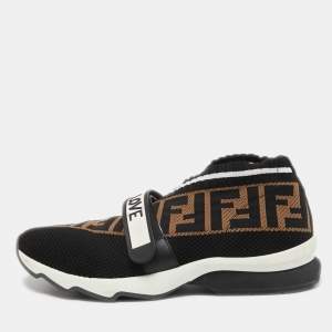 Pre Owned Fendi Black/Brown Zucca Knit Fabric Rockoko Sneakers Size 38