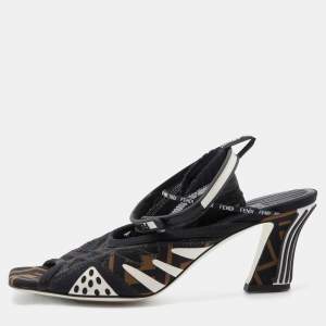 Fendi Black Neoprene And Mesh Freedom FF Patchwork Slingback Sandals Size 38
