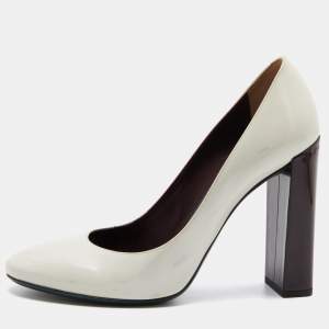 Pre Owned Fendi White Patent Leather Round Toe Block Heel Pumps Size 40