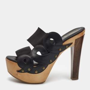 Pre Owned Fendi Black Leather and Elastic Wooden Platform Slide Sandals Size 38