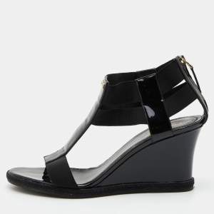 Fendi Black Patent Leather and Stretch Fabric Strappy Wedge Sandals Size 39