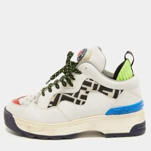 Pre Owned Fendi Grey/Black Leather and FF Fabric T-Rex Sneakers Size 38