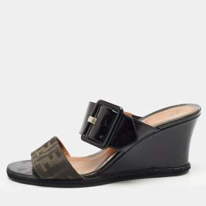 Fendi Black/Brown Patent Leather and Zucca Canvas Demi Wedge Sandals Size 39.5
