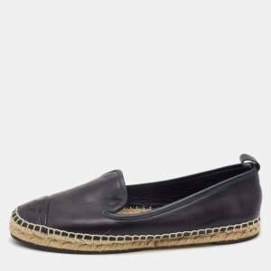 Fendi Black Leather Junia Cap Toe Flat Espadrille Size 38.5