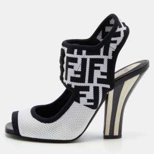 Fendi White/Black Zucca Knit Fabric Peep Toe Slingback Sandals Size 40