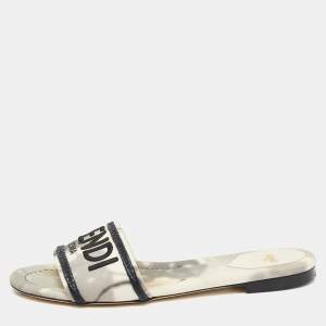 Fendi Grey/White Canvas Embraided Slide Sandals Size 39
