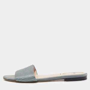 Pre Owned Fendi Grey Satin Logo Embroidered Flat Slides Size 38