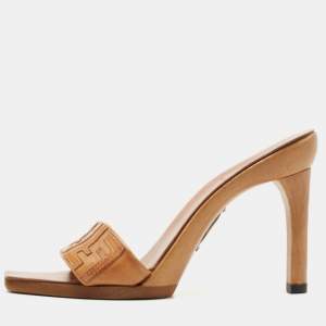 Fendi Tan Leather FF Slide Sandals Size 39