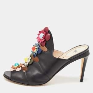 Fendi Black Leather Flowerland Mules Size 40