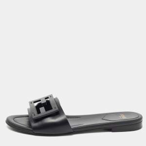 Fendi Black Leather Logo Flat Slides Size 37