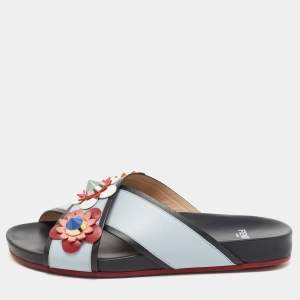 Fendi  Grey/Black  Leather Crisscross Flowerland Flat Slides Size 37  