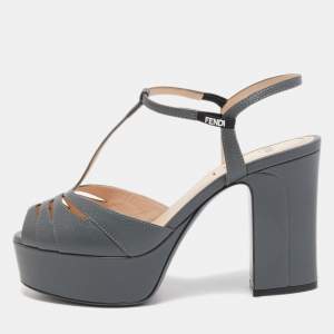Fendi Grey Leather Platform Ankle Strap Sandals Size 37