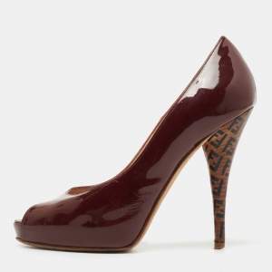 Pre Owned Fendi Burgundy Patent Leather Zucca Print Heel Peep Toe Pumps Size 37