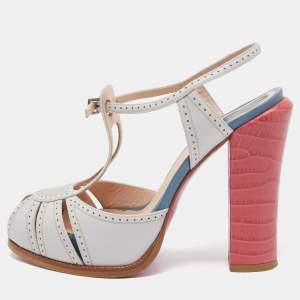 Pre Owned Fendi White Leather Chameleon T Strap Sandals Size 38