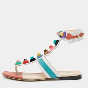 Fendi Multicolor Leather Studded Ankle Cuff Flat Sandals Size 36