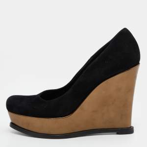 Pre Owned Fendi Black Suede Fendista Wedge Platform Pumps Size 37