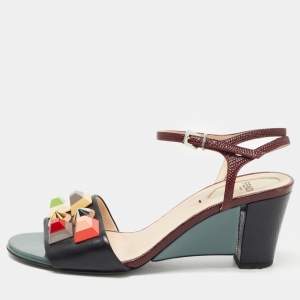 Fendi Black/Burgundy Leather and Embossed Lizard Fantasia Studded Ankle Strap Sandals Size 37.5 