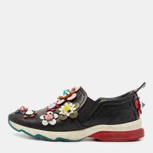Pre Owned Fendi Black Leather Flowerland Slip On Sneakers Size 37