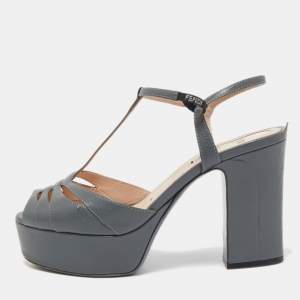 Fendi Grey Leather Platform T Strap Sandals Size 37