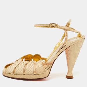 Fendi Beige Snakeskin Leather Ankle Strap Sandals Size 36