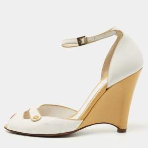 Pre Owned Fendi White/Yellow Leather Ankle Strap Wedge Sandals Size 37