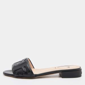 Fendi Black Leather FF Motif Slip On Sandals Size 36