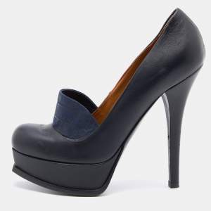 Pre Owned Fendi Navy Blue Leather and Croc Embossed Leather Logo Loafer Platform Pumps Size 40