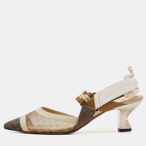 Pre Owned Fendi Brown/Cream Leather and Mesh Colibri Slingback Pumps Size 39