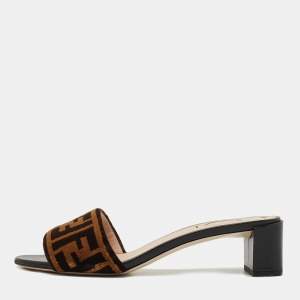 Fendi Brown Velvet FF Logo Slide Sandals Size 39