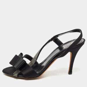Pre Owned Fendi Black Satin Crystal Embellished Slingback Sandals Size 39